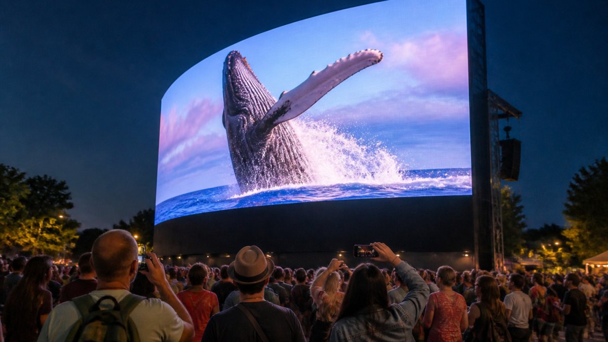 Groot LED-scherm met 3D-effect op druk openlucht evenement, bezoekers kijken omhoog naar bewegende 3D-objecten die uit het scherm lijken te komen, avondverlichting