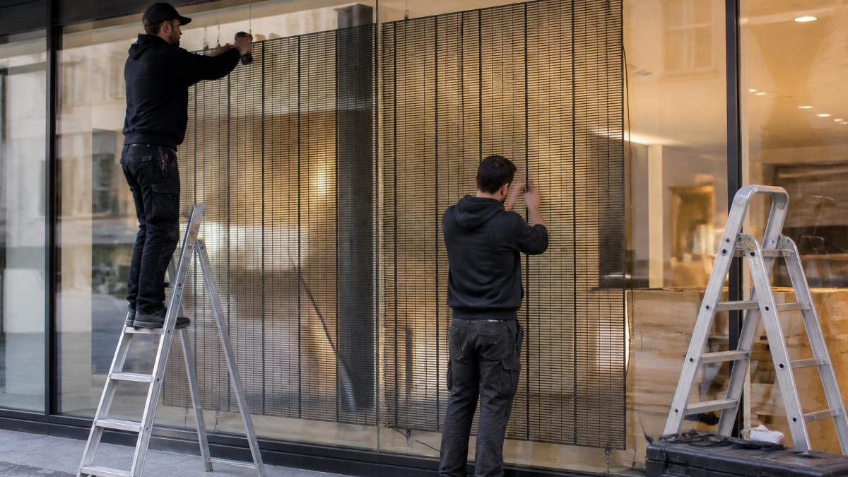 Twee technici bevestigen een transparant LED-scherm tegen een grote winkelruit, met gereedschap en een ladder in een heldere etalage