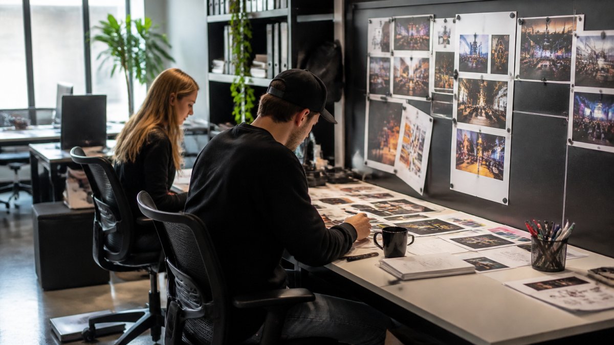 Creatief team achter computers in een moderne productiestudio, werkend aan animaties met LED-schermcontent op meerdere monitoren zichtbaar, natuurlijke kantoorverlichting