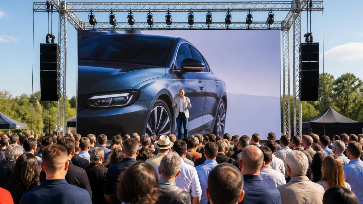 Groot LED-scherm op buitenevenement met publiek dat naar heldere productpresentatie kijkt onder daglicht, met duidelijk zichtbare beelden en tekst