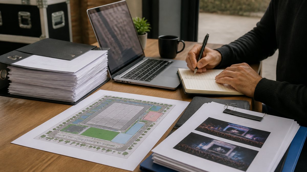 Een bureau met een stapel documenten, een plattegrond van een evenemententerrein en een laptop waarop een vergunningsformulier openstaat, met een hand die aantekeningen maakt