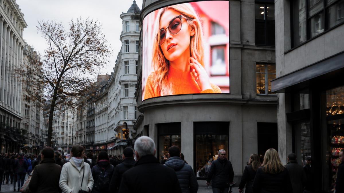 LED-scherm op een druk voetgangersgebied in Antwerpen met dynamische video-content die voorbijgangers aantrekt, met duidelijke beweging en felle kleuren zichtbaar tegen de grijze stedelijke achtergrond